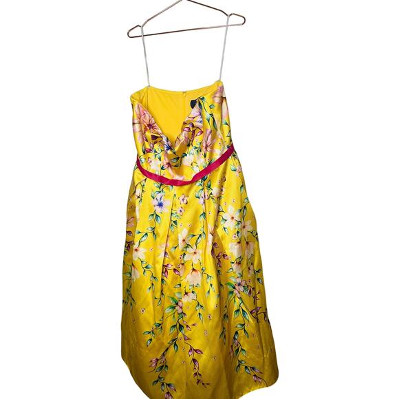 MARCHESA NOTTE Yellow Floral Printed Mikado Strapless Tea Midi Dress Size 18 - Picture 6 of 13